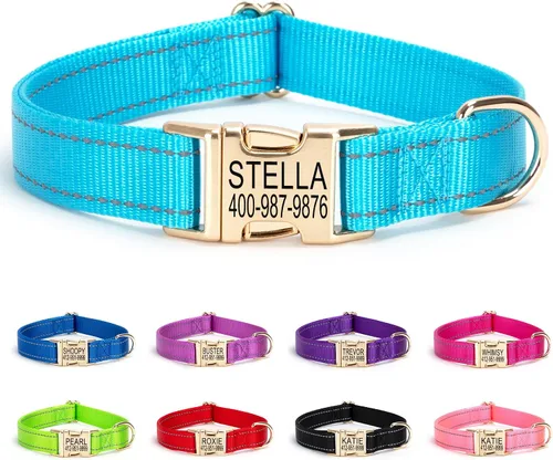 Vista 14 de Collar personalizado para perro con etiqueta de nombre, collar de nailon reflectante para mascotas, collares de perro con hebilla dorada grabada