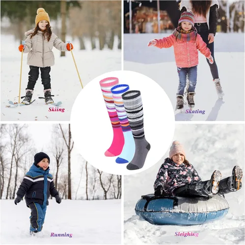 Vista 7 de Calcetines de esquí para niños, 3 pares de calcetines cálidos de invierno para nieve, para niños y niñas, jóvenes, esquí, snowboard, para niños de 4