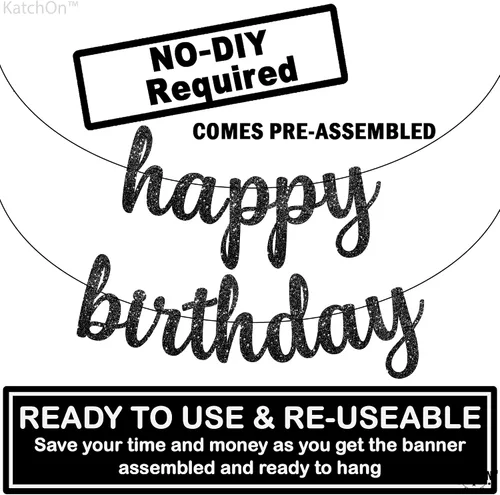 Vista 4 de Cartel cursivo negro de feliz cumpleaños – pre-encordado, 10 pies Decoraciones de feliz cumpleaños con purpurina para mujeres, hombres, niños
