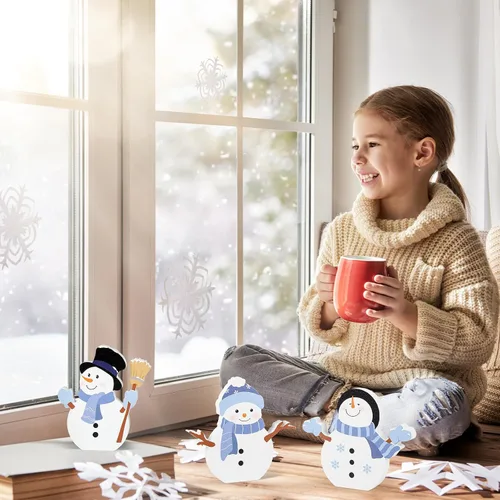 Vista 8 de Decoración de Navidad de muñeco de nieve COCHIE para interiores, lindo juego de decoración de bandeja escalonada de invierno de 3 piezas, bloques