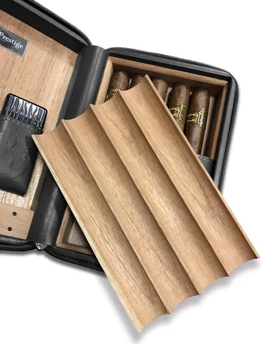 Vista 6 de Prestige Import Group - El Manhattan Ostrich Motif Leather Travel Humidor Cigar Case w/encendedor, cortador y humidificador con cierre de cremallera