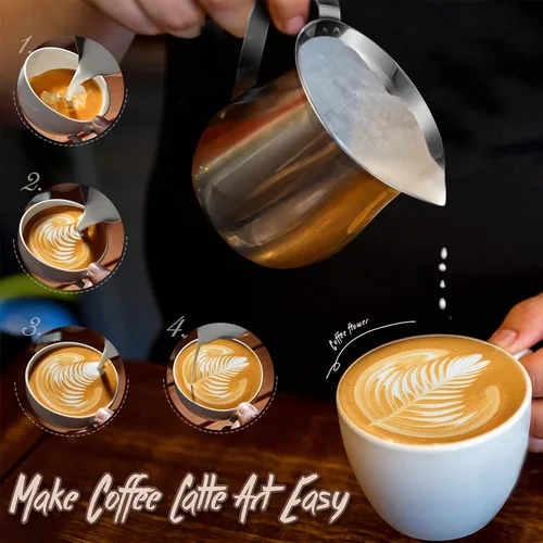 Vista 6 de Potchen Paquete de 6 cremas de campana de acero inoxidable de 3 onzas, mini jarras de leche para café con mango y tazas de boquilla para servir