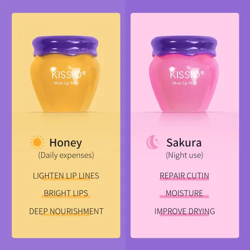 Vista 3 de KISSIO Máscara labial, juego de máscara de labios de miel y cereza, reparación de labios día y noche, extracto de plantas, hidrata durante la noche