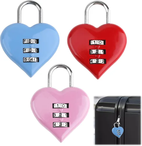 Vista 7 de 3 cerraduras pequeñas en forma de corazón, bonita cerradura de combinación para mujeres y niñas, seguridad sin llave para mochilas, taquillas