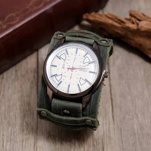 Vista 3 de Relojes de cuero dominantes punk y retro para hombre, pulseras punk, doble capa cosidas a mano, relojes de pulsera para hombre