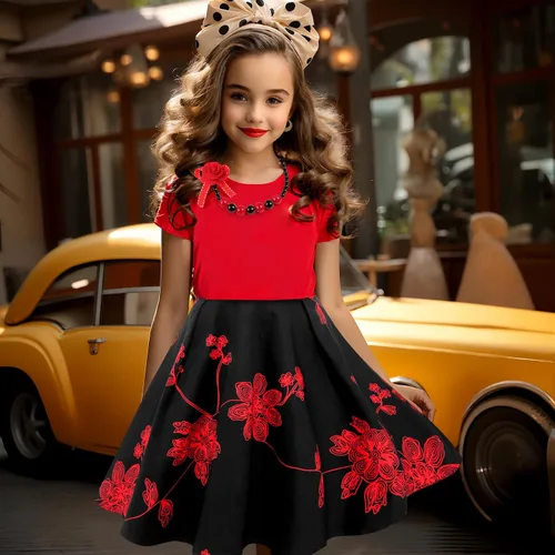 Vista 3 de Tao-Ge Vestido vintage de lunares para niñas, vestidos de fiesta retro de los años 50, vestido de fiesta con vuelo, talla 6-12 con collar