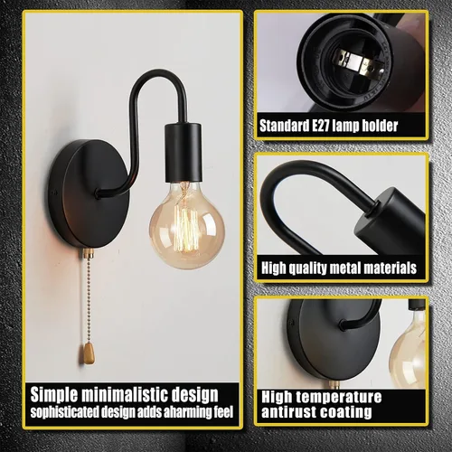 Vista 3 de Aplique de Pared Negro con Cadena de Tirar con Interruptor Luces de Pared Vintage E26 Lámpara de Pared Industrial Iluminación de Pared Retro