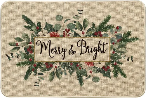 Vista 8 de Artoid Mode Merry&Bright Tapete de Puerta de Navidad con Hojas de Eucalipto y Acebo, Decoración del Hogar de Invierno y Navidad, Alfombra
