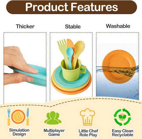 Vista 5 de BUYGER Accesorios de cocina para niños y juego de té para niños pequeños de 3 a 5 años, platos de juguete de cocina, utensilios, juego de vajilla