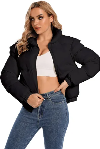 Vista 4 de Chaqueta acolchada corta de invierno para mujer con bolsillos con cremallera, manga larga, cálida y acolchada
