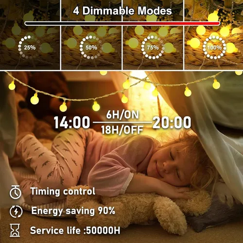 Vista 5 de Guirnalda de luces con forma de globo, 20 pies, 40 luces LED, funciona con pilas, con control remoto, 8 modos de luces para interiores