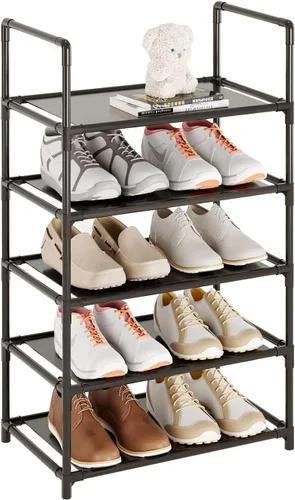 Vista 10 de Zapatero pequeño de 6 a 8 pares de estantes resistentes para zapatos de 4 niveles, organizador de zapatos estrecho apilable, estantes ligeros