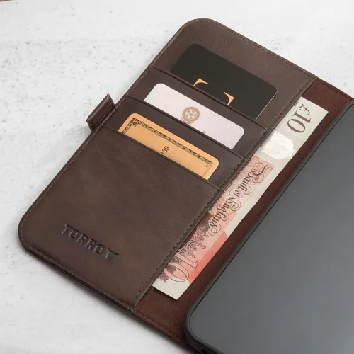 Vista 4 de TORRO Funda de piel compatible con iPhone 14 Pro – Funda tipo cartera de piel auténtica con tarjetero y función de soporte (marrón oscuro)