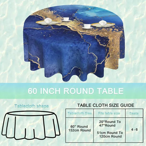 Vista 2 de Mantel redondo de mármol azul dorado de 60 pulgadas, mantel geométrico abstracto, impermeable, resistente a las manchas, a las arrugas, lavable