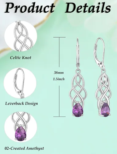 Vista 6 de Sterling Silver Celtic Knot Earrings for Women Birthstone Jewelry 02-Amatista-Febrero