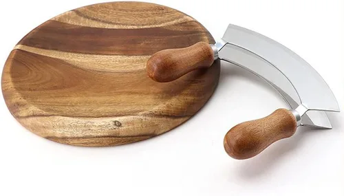 Vista 9 de Mezzaluna - Cuchillo y tabla de cortar redonda, cuchillo de corte de doble hoja de acero inoxidable, cortador de pizza con tabla de cortar