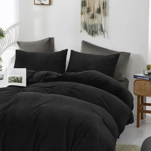 Vista 7 de CLOTHKNOW Juego de funda de edredón de terciopelo negro - Ropa de cama mullida, 3 piezas, tamaño individual, todo en color negro, juegos de funda