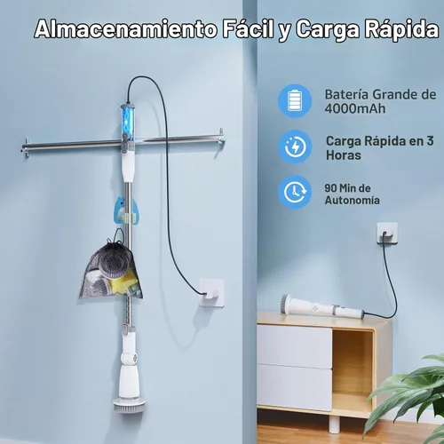 Vista 6 de Marchpower Limpiador eléctrico giratorio, cepillo de limpieza inalámbrico con 6 cabezales de cepillo reemplazables, 2 velocidades, mango desmontable