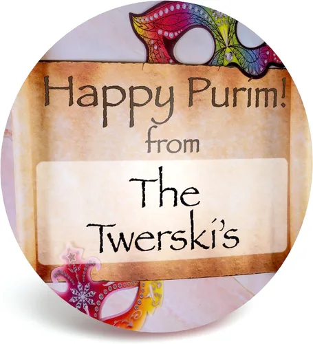 Vista 3 de Pegatinas Purim - Personalizadas para Shalach Manos, Elige tamaño, calidad y plantillas o sube las tuyas. Hechas en los Estados Unidos