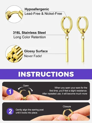 Vista 5 de Richsteel Dangle Earrings for Men,Stainless Steel Silver/Black/Gold plated Pendientes colgantes de oro B3