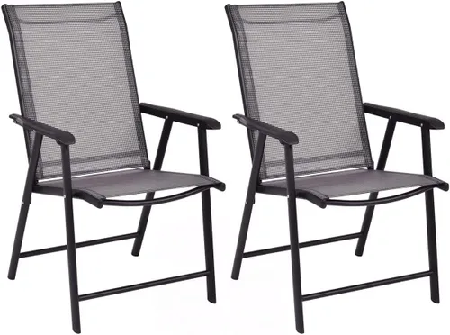 Vista 12 de Tangkula Juego de 2 sillas plegables para patio, sillas de comedor de tela para exteriores con respaldo alto y reposabrazos, marco de metal Negro