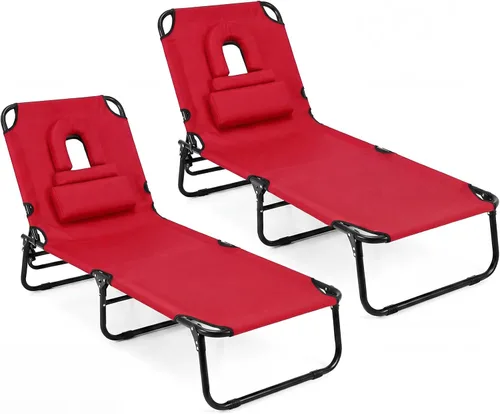 Vista 13 de GYMAX Silla de bronceado, silla de playa de 350 libras con agujero para la cara, almohada lavable y correa de transporte, tumbona plegable
