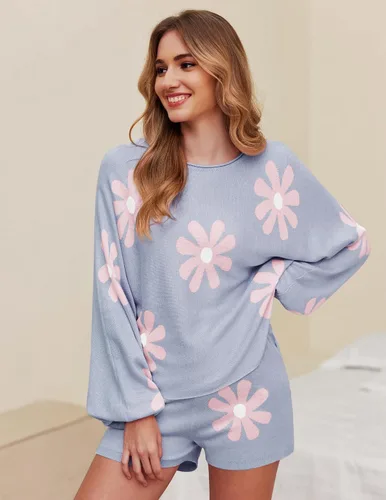 Vista 3 de Ekouaer - Conjunto de pijama de punto para mujer, ropa de descanso, sudadera de manga larga y pantalones a juego, casual, 2 piezas, tallas S-XXL