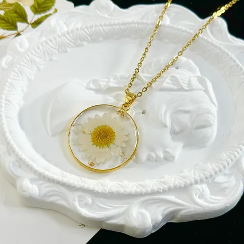 Vista 29 de Collares de flores de nacimiento para mujer, collar de 1 a 12 meses, collar de flores prensadas hecho a mano, regalo único de vacaciones, dorado, 18