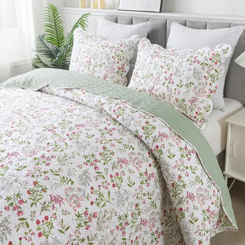 Vista 10 de HoneiLife - Juego de edredón de 3 piezas, colcha ligera de microfibra, diseño de flores silvestres, cubrecamas ligero y botánico, para todas