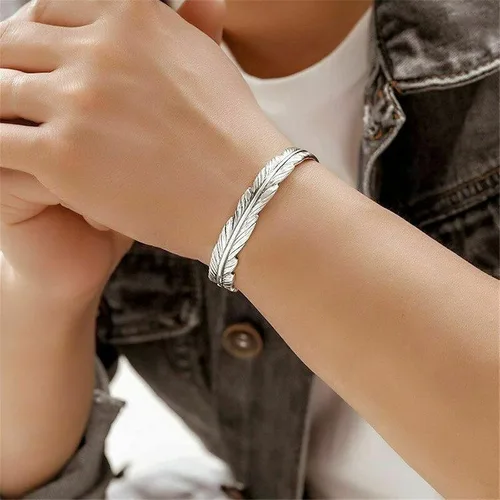 Vista 6 de Beccalame Silver Feather Bracelet Lucky Hope Cuff Jewelry Simple Retro For Women Men