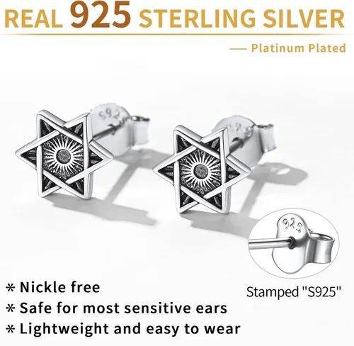 Vista 5 de ChicSilver Pendientes retro de plata de ley 925 con estrella de Davidojo de Horus para mujeres, adolescentes y niñas, hipoalergénicos