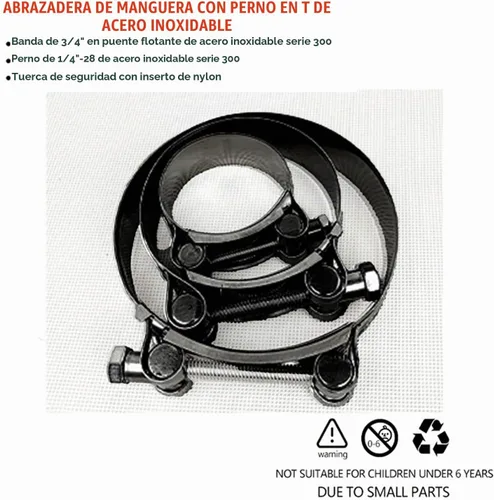 Vista 3 de BOTTEN Paquete de 4 abrazaderas de manguera con perno en T de 1 pulgada de acero inoxidable - Rango de abrazadera 32-37mm para ID de manguera de 1