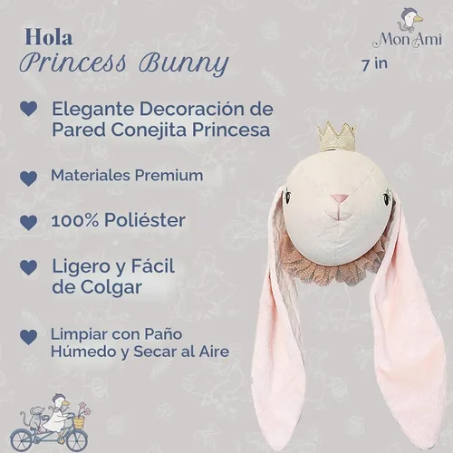 Vista 2 de MON AMI Cabeza de Animal de Peluche Conejito Princesa Soporte de Pared - 7", Elegante Soporte de Pared para Dormitorio Infantil, Decoración