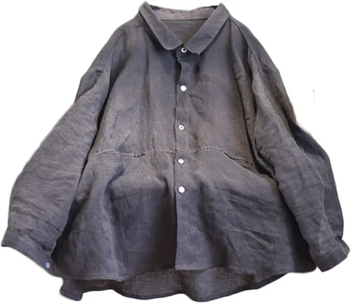 Vista 7 de NFYM Camisa de lino y lino con botones para mujer, hecha a mano, manga larga, ajuste holgado, cuello con bolsillo