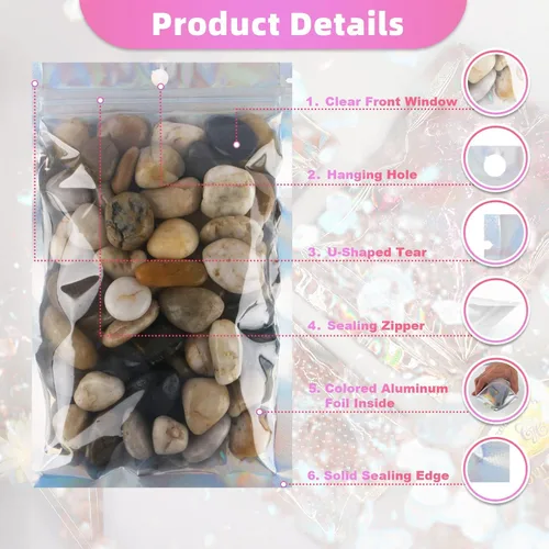 Vista 4 de Paquete de 100 bolsas de Mylar con ventana transparente, holográficas, a prueba de olores, para pequeñas empresas, bolsas resellables