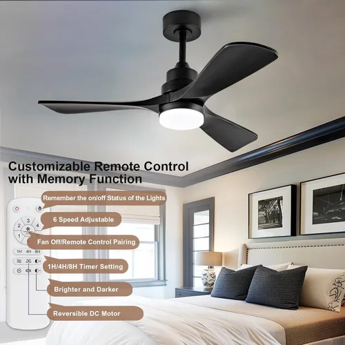 Vista 6 de Ventilador de techo de 42 pulgadas con luz, 3 aspas de madera maciza, control remoto, motor de CC silencioso reversible de 6 velocidades, ventilador