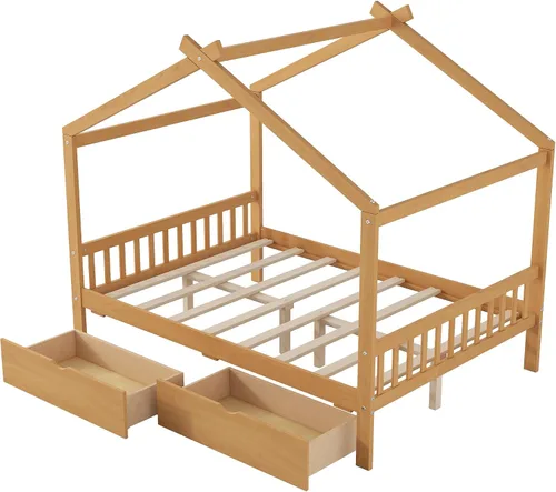 Vista 7 de Merax Cama de plataforma de tamaño matrimonial con dos cajones, marco de cama de madera con diseño de techo con cabecera y estribo, no necesita