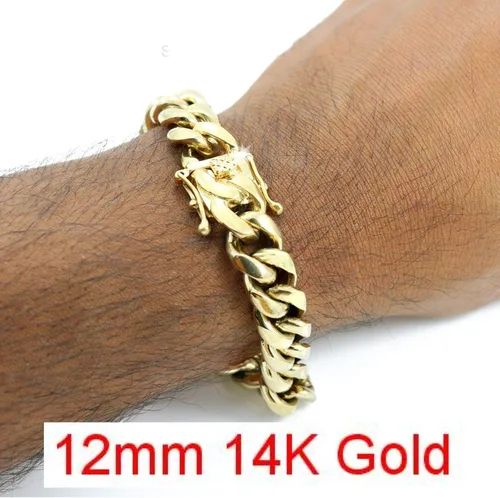 Vista 5 de HarlemBling Pulsera cubana de Miami para hombre, 0.315-0.709in, eslabones cubanos pesados de 14 quilates de 18 quilates de oro amarillo o rosa sobre