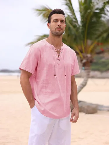 Vista 4 de Pengfei Camisas de lino de algodón para hombre, con cordones, cuello en V, casual, playa, hippie, camisas con cordón
