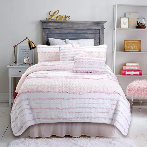 Vista 24 de Cozy Line Home Fashions - Juego de ropa de cama reversible de lunares y rayas en negro, blanco y rosa, con estrellas, de 100% algodón, colcha