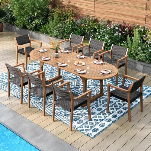 Vista 7 de PHI VILLA Sillas de comedor de madera de acacia para patio con asiento y respaldo de mimbre, 2 piezas