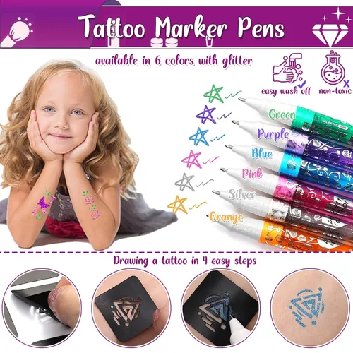 Vista 5 de TEUVO Kit de tatuaje con purpurina para niños con 25 colores, 225 plantillas, 6 bolígrafos, 2 hojas de diamantes de imitación, 5 pinceles, 3