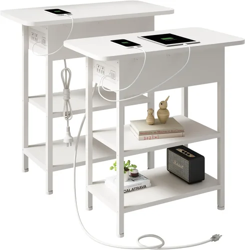 Vista 9 de LIDYUK Mesa auxiliar con estación de carga, mesa auxiliar abatible con puertos USB y tomas, mesita de noche para espacios pequeños, mesitas de noche