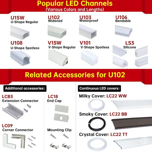 Vista 9 de Muzata Paquete de 20 canales LED de aluminio negro con cubierta blanca lechosa U102 BW 1M 18x8.5mm Wide LED Channel, Fits Up to 16mm Strips, U102