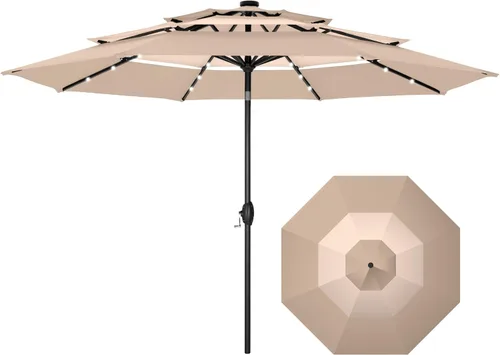 Vista 14 de PHI VILLA 10ft 3 Tier Outdoor Patio Umbrella with 24pcs LED Lights, Beige
