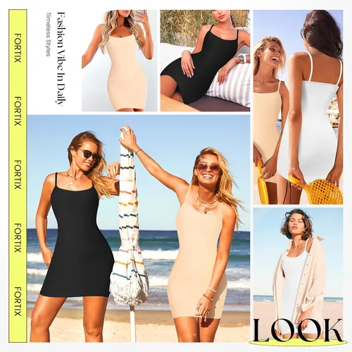 Vista 4 de Faja moldeadora para debajo de los vestidos, vestido con control de abdomen, moldeador de cuerpo, sin costuras, tirantes delgados, vestido camisola