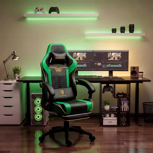 Vista 3 de Dowinx - Silla de juegos grande y alta, 350 libras con reposapiés lumbar de masaje Verde