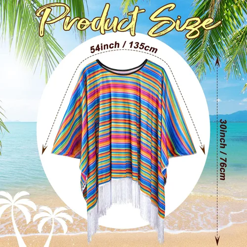 Vista 2 de 5 piezas de disfraces de fiesta Cinco de Mayo, poncho de tela de fiesta y sombrero de pajita, sombrero de 3 cuentas de collar mexicano para adultos