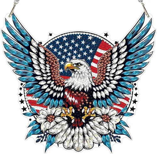 Vista 27 de MXJSUA Atrapasoles con pintura de diamante de águila calva americana, kits de arte de diamantes para adultos, adornos colgantes con cadena