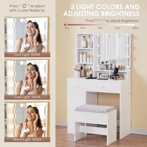 Vista 3 de Escritorio de tocador con espejo, luces y tira de corriente, tocador pequeño para espacios pequeños, mesa de maquillaje moderna con 4 cajones